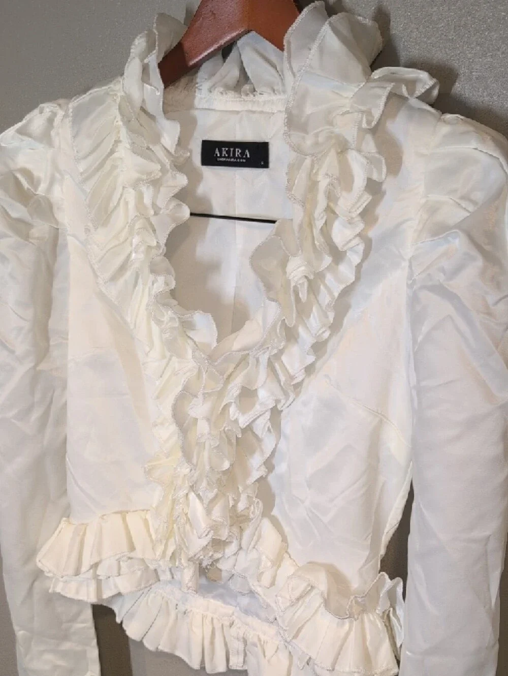 AKIRA Bridal Wedding Whimsical Cream Ruffle Satin Peplum Blouse - Picture 3 of 7